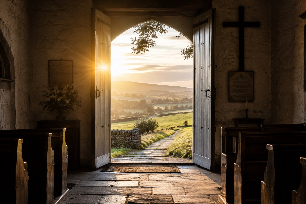 Early morning sunlight entering through the open doors of a small stone church, rural countryside, soft golden light, eye-level perspective, quiet and contemplative atmosphere.