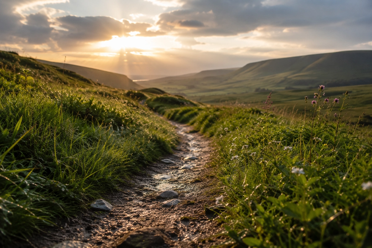 Narrow walking path through a green meadow after rainfall, distant hills in the background, sunlight breaking through clouds, low-angle perspective, peaceful atmosphere.