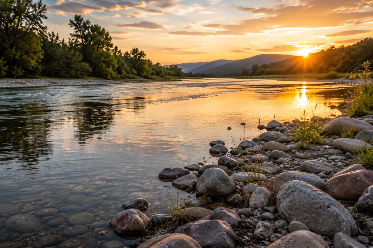 Calm river reflecting evening light, smooth stones along the shoreline, gentle current, wide landscape perspective, atmosphere of rest and renewal.