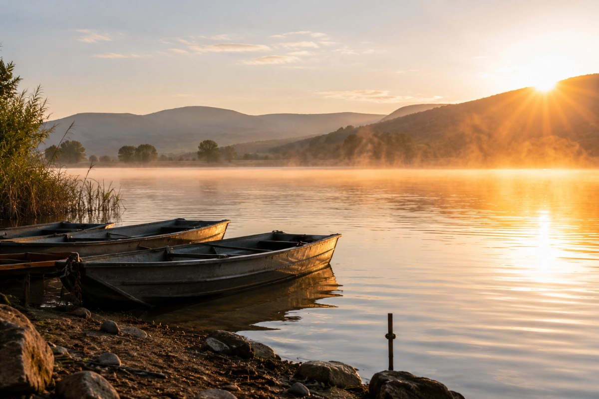 Small fishing boats resting on a calm lake at dawn, soft morning mist over the water, first sunlight touching distant hills, wide landscape perspective, peaceful atmosphere.