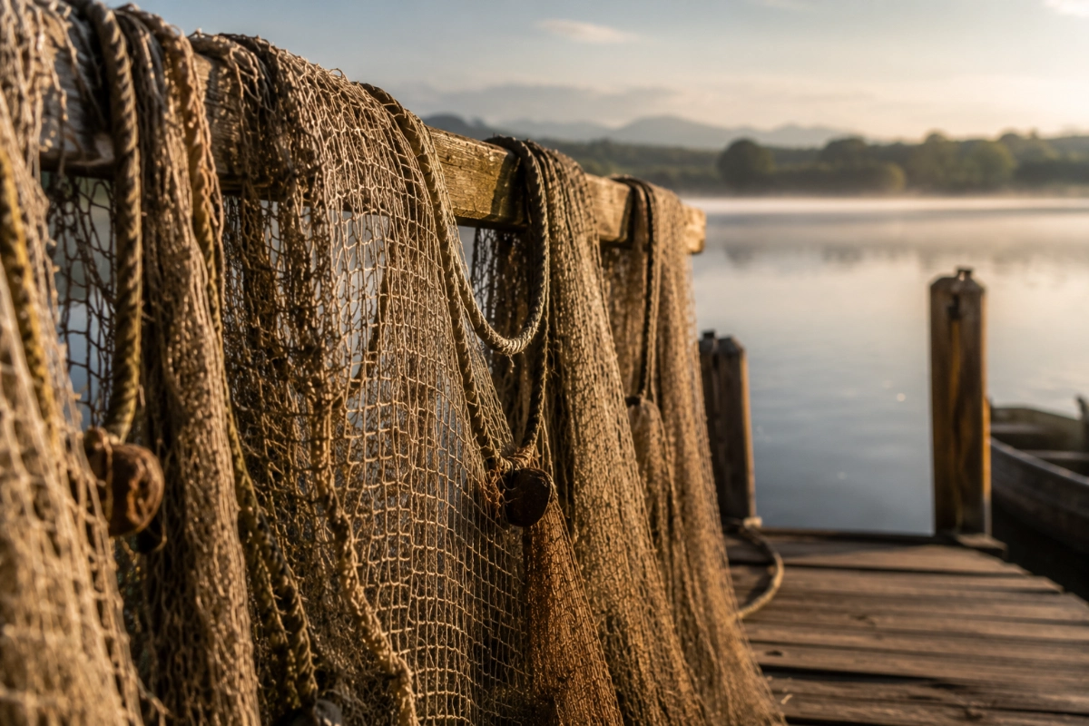 Weathered fishing nets drying on a wooden dock beside a quiet lakeshore, early morning light, close-up perspective, authentic working environment, reflective mood.