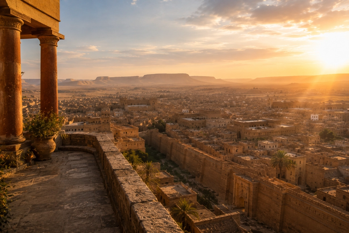 Ancient desert city viewed from an elevated stone terrace at sunrise, distant walls and rooftops illuminated by warm morning light, wide panoramic perspective, atmosphere of grandeur and stillness — Photorealistic, authentic editorial photography, natural colors, realistic lighting, documentary style, premium magazine photography, no painting, no illustration, no digital art, no fine art composition, no symbolic artwork, no text, no watermark.