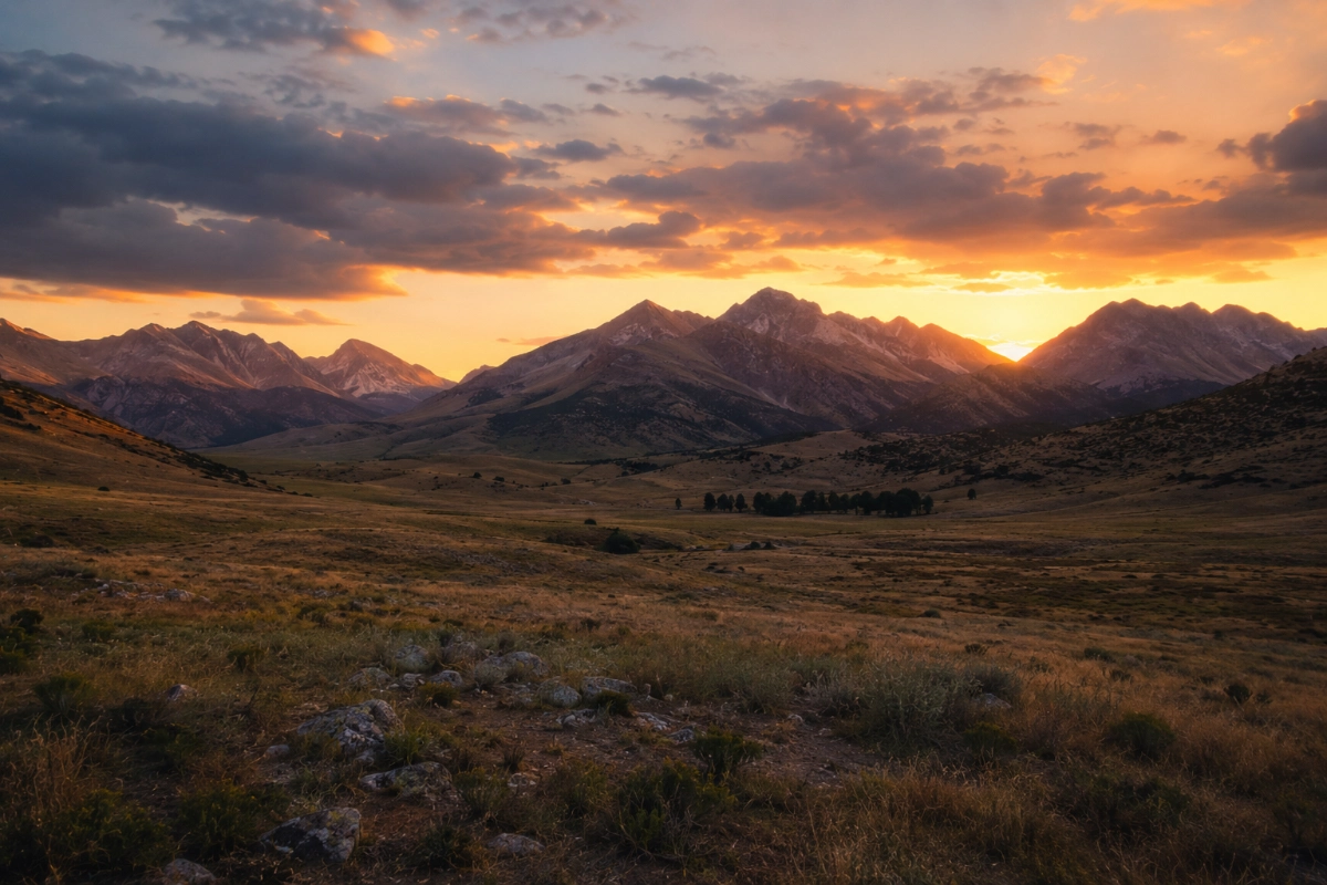 Mountain landscape at sunset viewed from a valley floor, fading light across distant peaks, wide perspective, atmosphere of perspective, wonder and humility — Photorealistic, authentic editorial photography, natural colors, realistic lighting, documentary style, premium magazine photography, no painting, no illustration, no digital art, no fine art composition, no symbolic artwork, no text, no watermark.