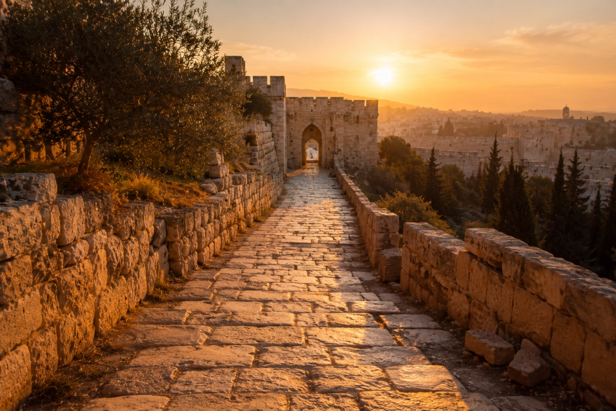 Ancient stone pathway leading toward a historic city gate at dawn, soft golden morning light, long perspective view, quiet atmosphere of anticipation and purpose — Photorealistic, authentic editorial photography, natural colors, realistic lighting, documentary style, premium magazine photography, no painting, no illustration, no digital art, no fine art composition, no symbolic artwork, no text, no watermark.
