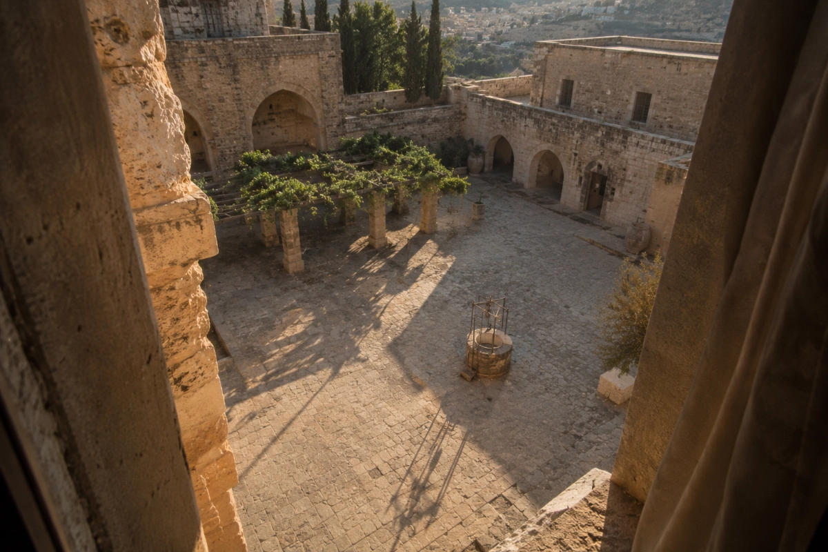 Open courtyard of an old stone building viewed from an upper window, afternoon sunlight casting long shadows across the ground, elevated perspective, atmosphere of observation and distance — Photorealistic, authentic editorial photography, natural colors, realistic lighting, documentary style, premium magazine photography, no painting, no illustration, no digital art, no fine art composition, no symbolic artwork, no text, no watermark.
