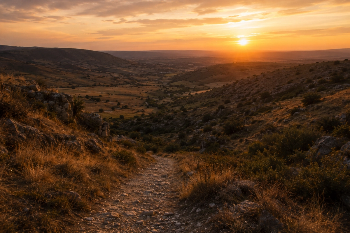 Narrow trail descending into a quiet valley at sunset, warm fading light across the landscape, wide perspective, atmosphere of peace, surrender and reflection — Photorealistic, authentic editorial photography, natural colors, realistic lighting, documentary style, premium magazine photography, no painting, no illustration, no digital art, no fine art composition, no symbolic artwork, no text, no watermark.