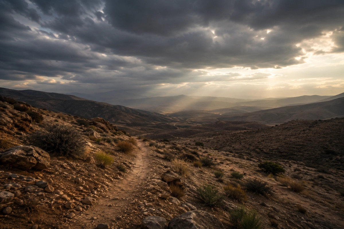 Rocky desert landscape beneath a dark overcast sky, isolated footpath disappearing into distant hills, late afternoon light breaking through clouds, wide perspective, atmosphere of loneliness and endurance — Photorealistic, authentic editorial photography, natural colors, realistic lighting, documentary style, premium magazine photography, no painting, no illustration, no digital art, no fine art composition, no symbolic artwork, no text, no watermark.