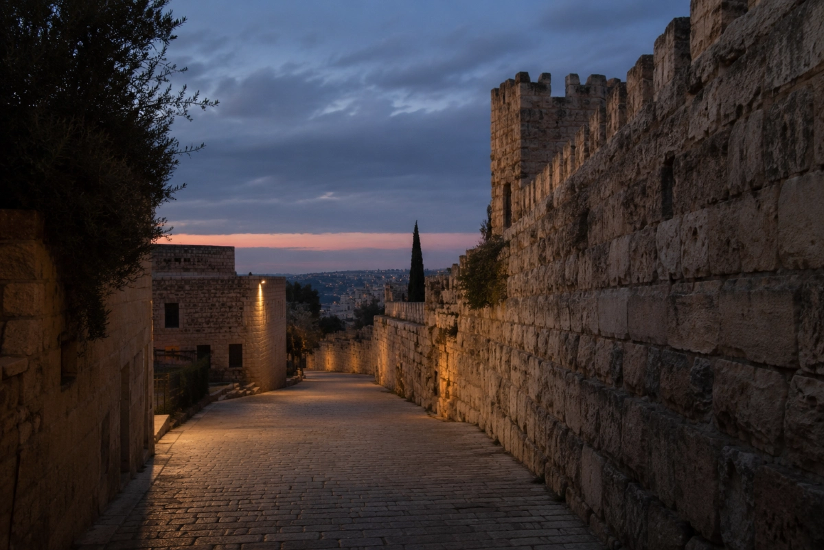 Ancient stone street beside weathered city walls at dusk, empty pathway disappearing into shadow, soft evening light, eye-level perspective, atmosphere of longing and silence — Photorealistic, authentic editorial photography, natural colors, realistic lighting, documentary style, premium magazine photography, no painting, no illustration, no digital art, no fine art composition, no symbolic artwork, no text, no watermark.