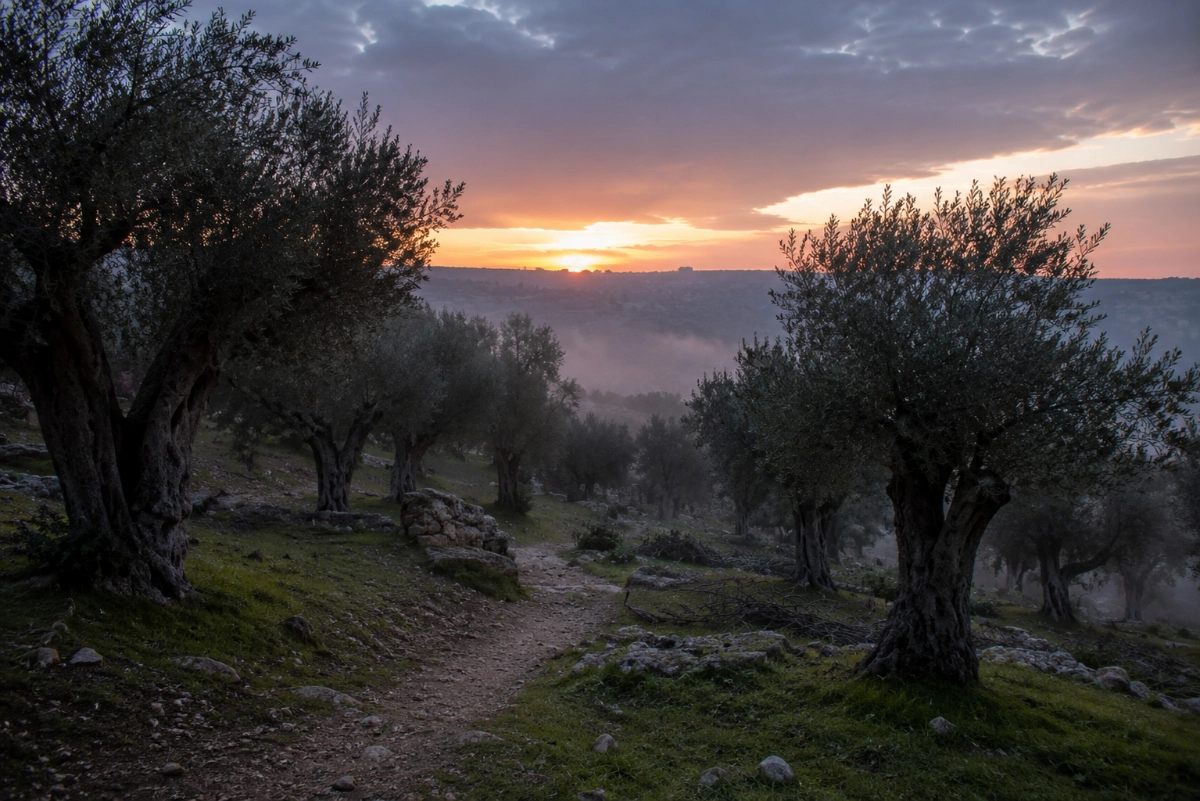 Olive grove before sunrise with morning mist among the trees, first light appearing on the horizon, low perspective from a walking path, atmosphere of surrender and expectancy — Photorealistic, authentic editorial photography, natural colors, realistic lighting, documentary style, premium magazine photography, no painting, no illustration, no digital art, no fine art composition, no symbolic artwork, no text, no watermark.