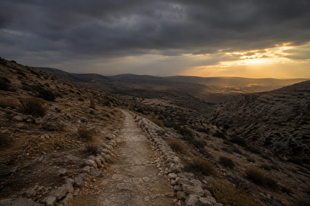 Narrow stone pathway crossing a barren hillside beneath heavy storm clouds, fading evening light illuminating parts of the landscape, wide perspective, atmosphere of uncertainty and perseverance — Photorealistic, authentic editorial photography, natural colors, realistic lighting, documentary style, premium magazine photography, no painting, no illustration, no digital art, no fine art composition, no symbolic artwork, no text, no watermark.