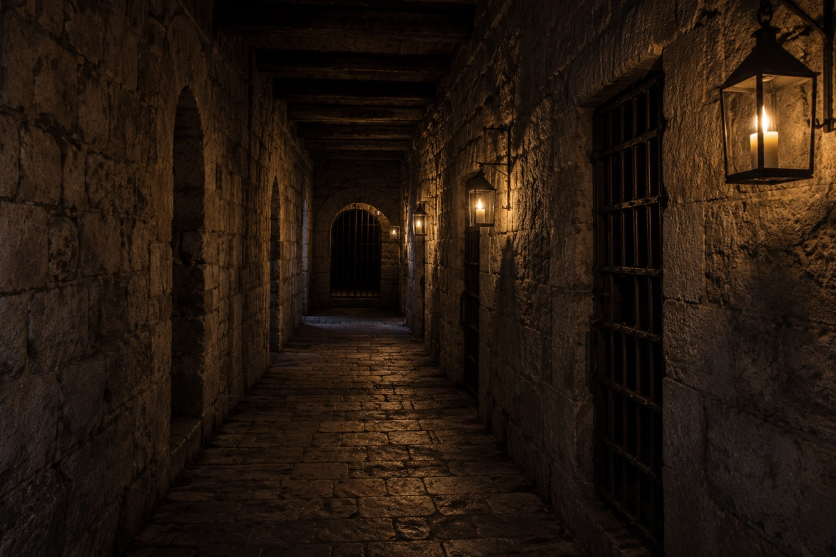 Ancient stone corridor lit by a few warm lanterns at night, empty passage disappearing into shadow, eye-level perspective, atmosphere of confinement and silence — Photorealistic, authentic editorial photography, natural colors, realistic lighting, documentary style, premium magazine photography, no painting, no illustration, no digital art, no fine art composition, no symbolic artwork, no text, no watermark.