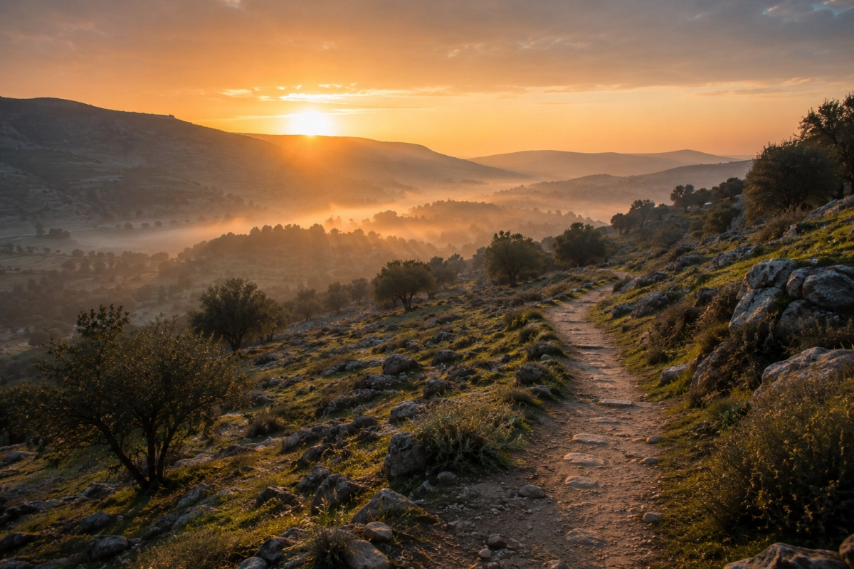 Hillside landscape at dawn with soft mist lifting from the valley, first sunlight touching the horizon, walking path leading forward, atmosphere of hope and renewal — Photorealistic, authentic editorial photography, natural colors, realistic lighting, documentary style, premium magazine photography, no painting, no illustration, no digital art, no fine art composition, no symbolic artwork, no text, no watermark.