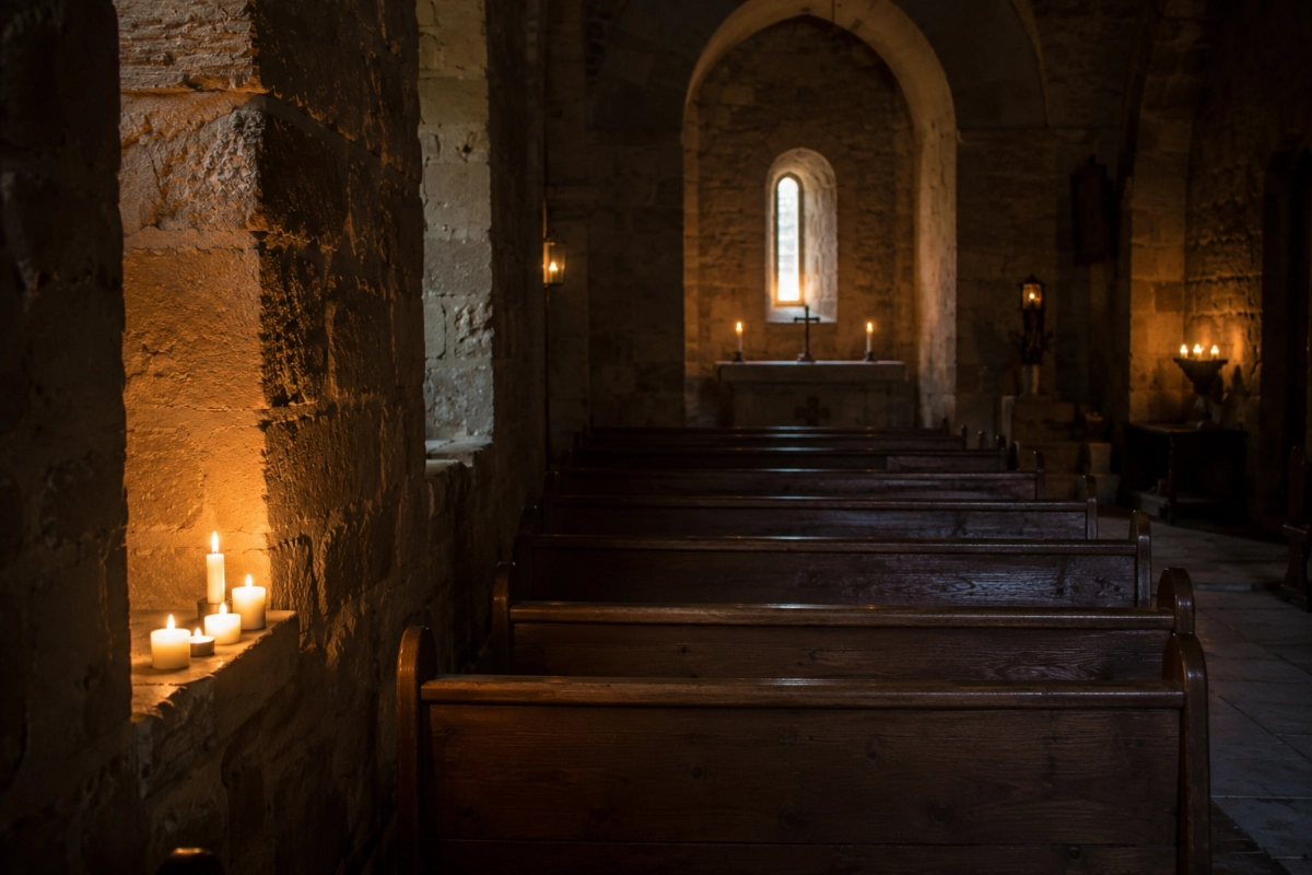Empty stone church interior illuminated by a few candles, wooden pews and soft shadows, eye-level perspective, atmosphere of reflection, grief and peace — Photorealistic, authentic editorial photography, natural colors, realistic lighting, documentary style, premium magazine photography, no painting, no illustration, no digital art, no fine art composition, no symbolic artwork, no text, no watermark.