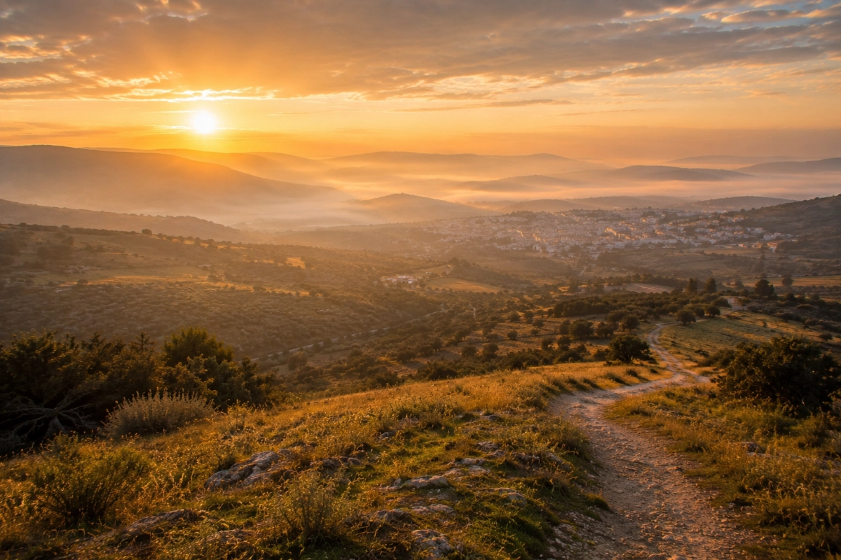 Morning landscape overlooking a valley at sunrise, golden light breaking through mist, distant town visible beyond rolling hills, elevated perspective, atmosphere of hope and homecoming — Photorealistic, authentic editorial photography, natural colors, realistic lighting, documentary style, premium magazine photography, no painting, no illustration, no digital art, no fine art composition, no symbolic artwork, no text, no watermark.